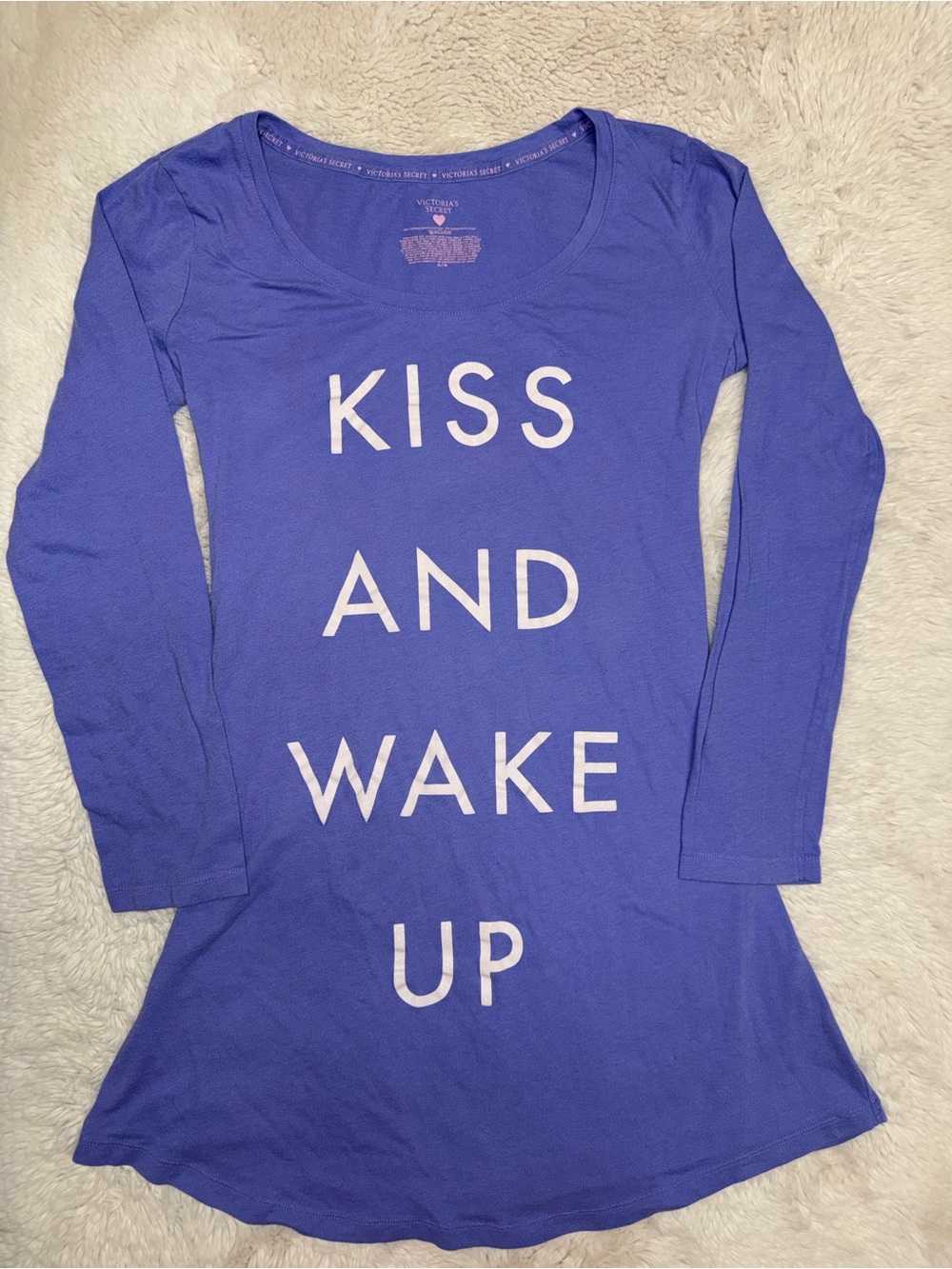 Y2K 2013 Victoria’s Secret Purple Long-Sleeve Sleep Shirt - "Kiss and Wake Up"